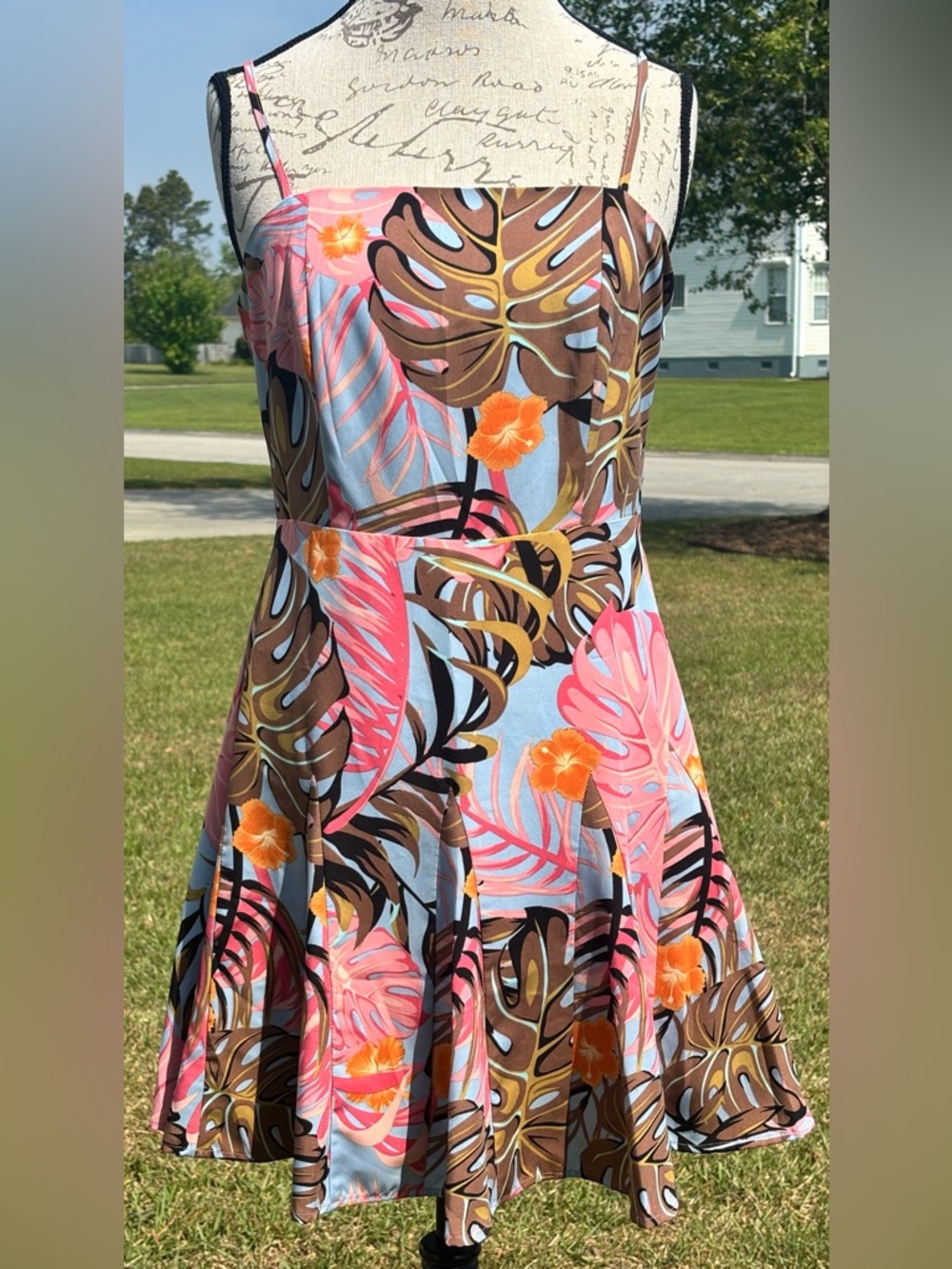 Joy Joy Tropical Print Sundress in Pink & Blue